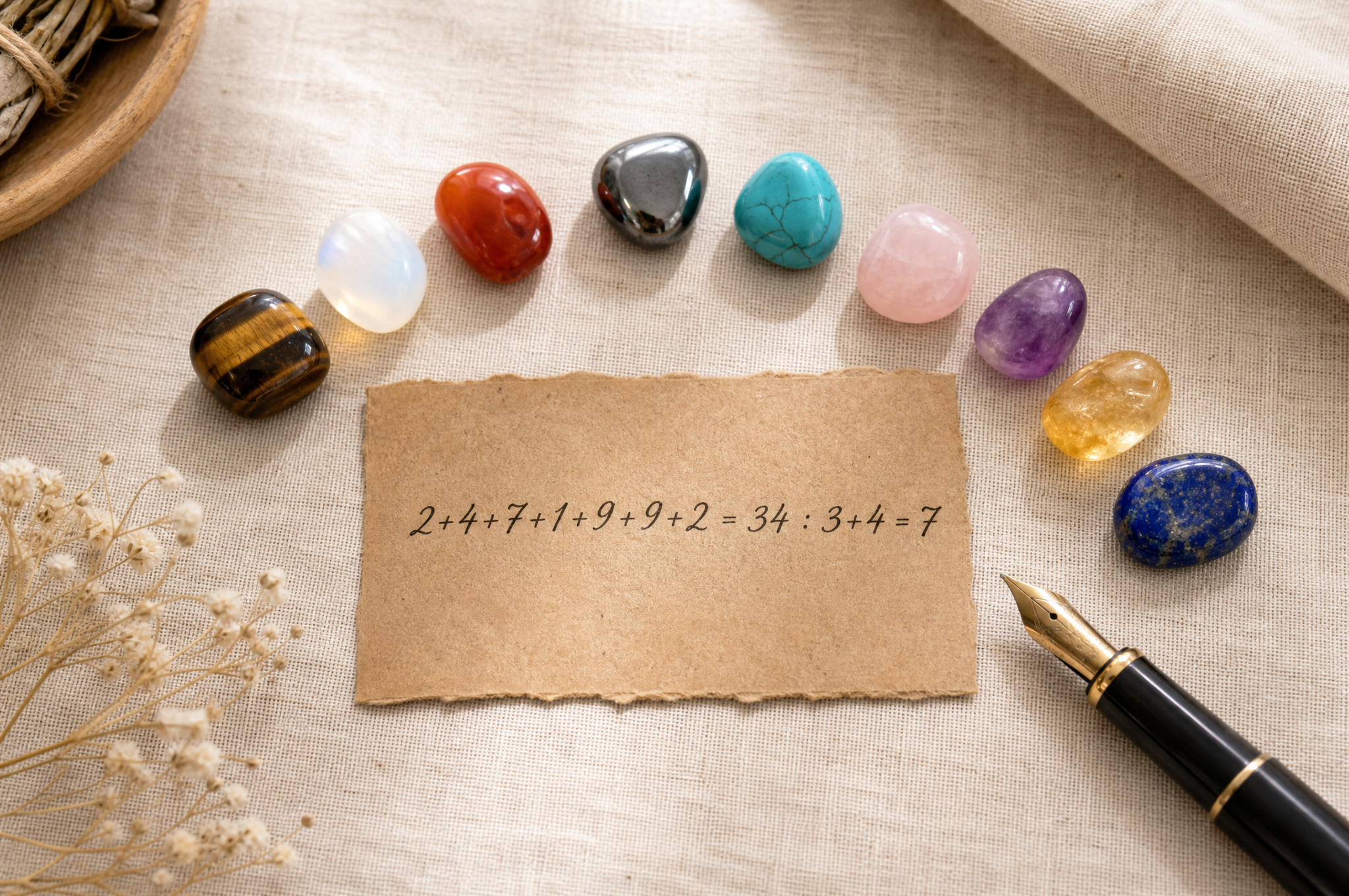 Calcul du chemin de vie manuscrit sur papier kraft, entouré des pierres associées à chaque nombre