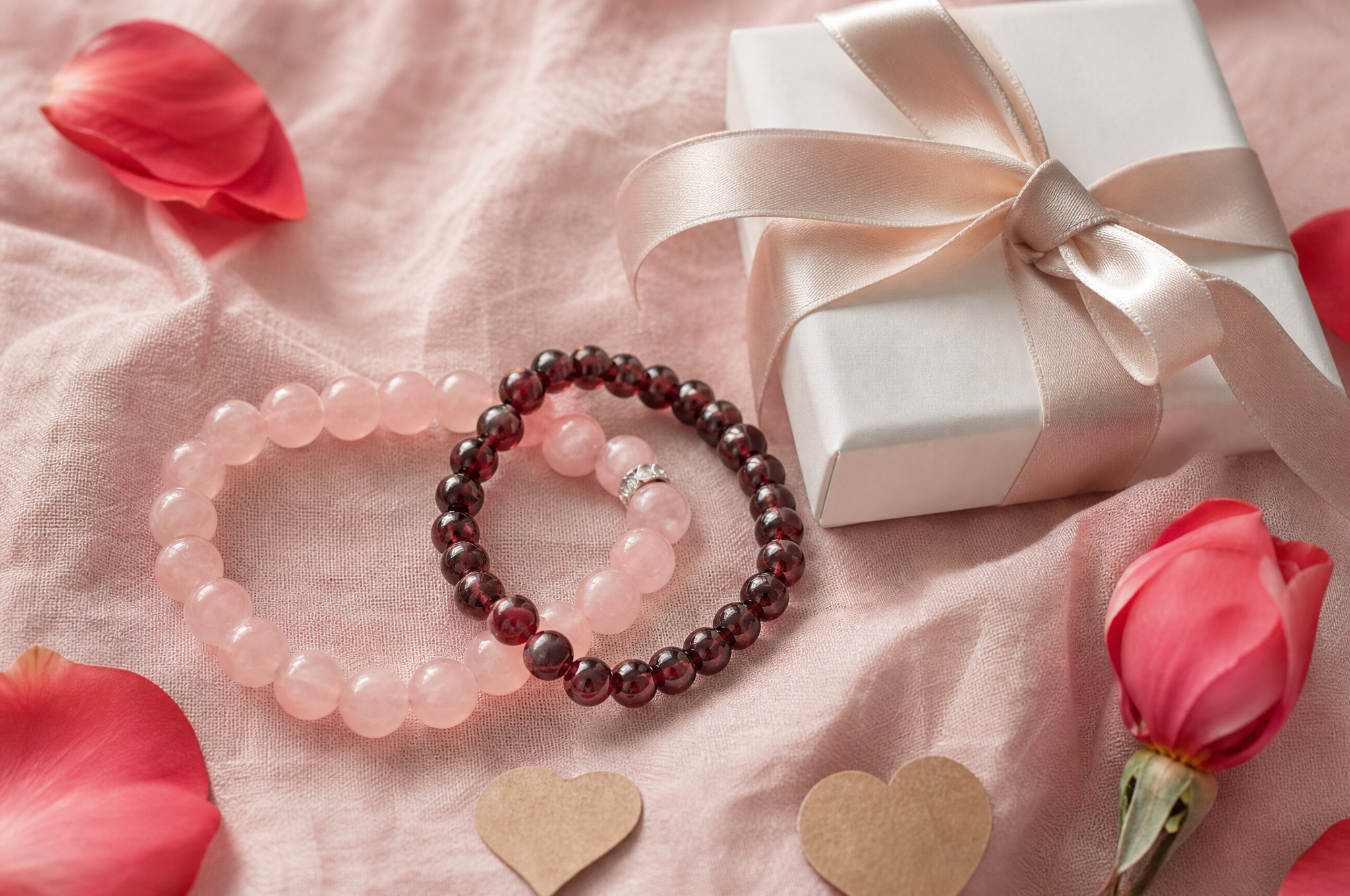 Bracelets en quartz rose et grenat entrelacés avec un paquet cadeau de Saint-Valentin