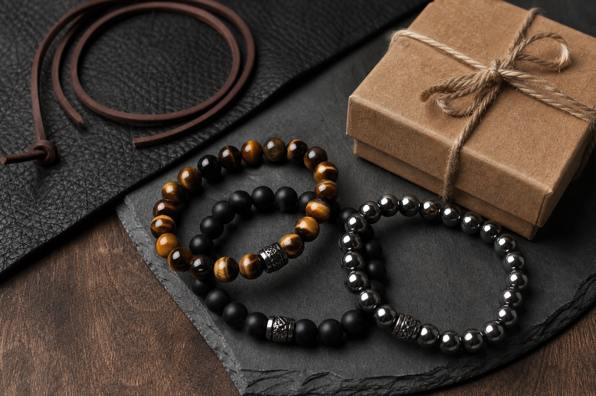 Bracelets homme en œil de tigre, onyx et hématite avec un paquet cadeau, fête des pères