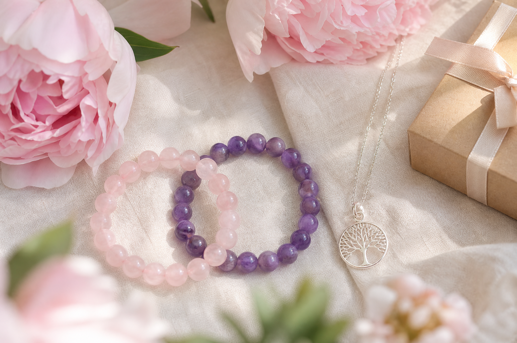 Bracelets en quartz rose et améthyste avec pendentif arbre de vie et pivoines, cadeau fête des mères
