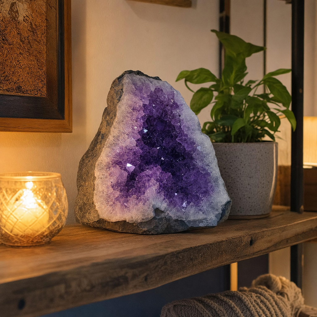 Géode d'améthyste violette sur une étagère en bois à la lueur d'une bougie