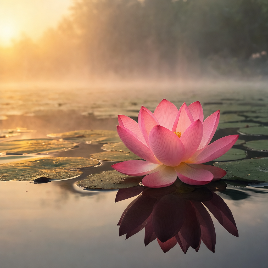 Fleur de lotus rose épanouie sur une eau calme au lever du soleil