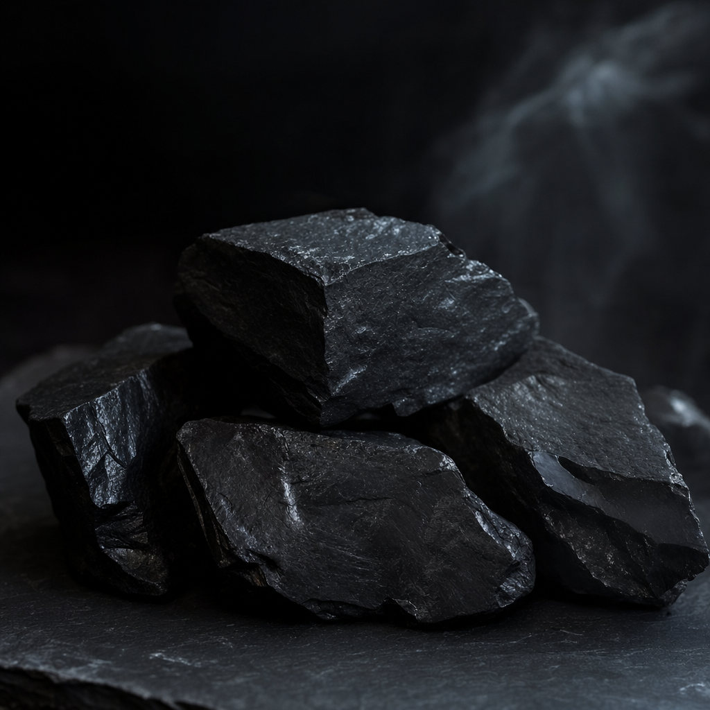 Pierres brutes de shungite noire de Carélie sur ardoise sombre