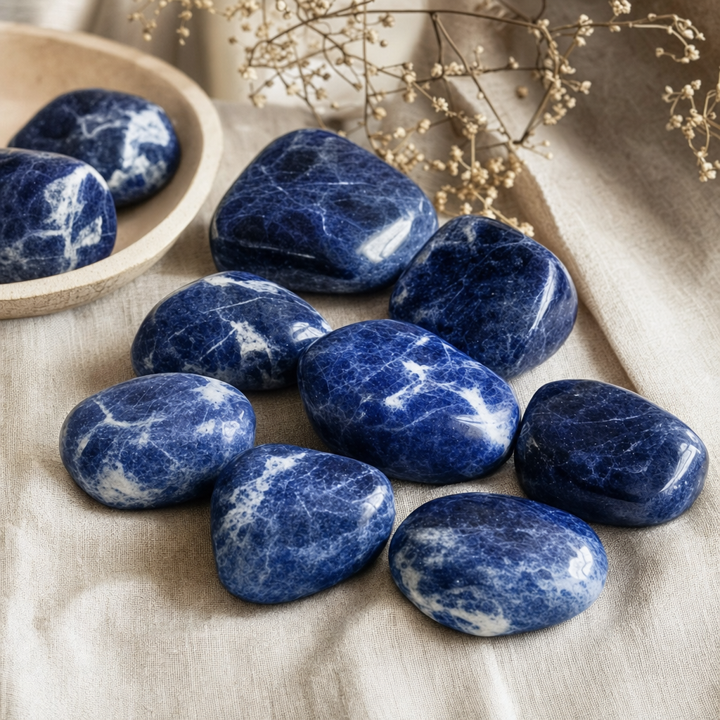Pierres roulées de sodalite bleue veinée de blanc sur lin naturel