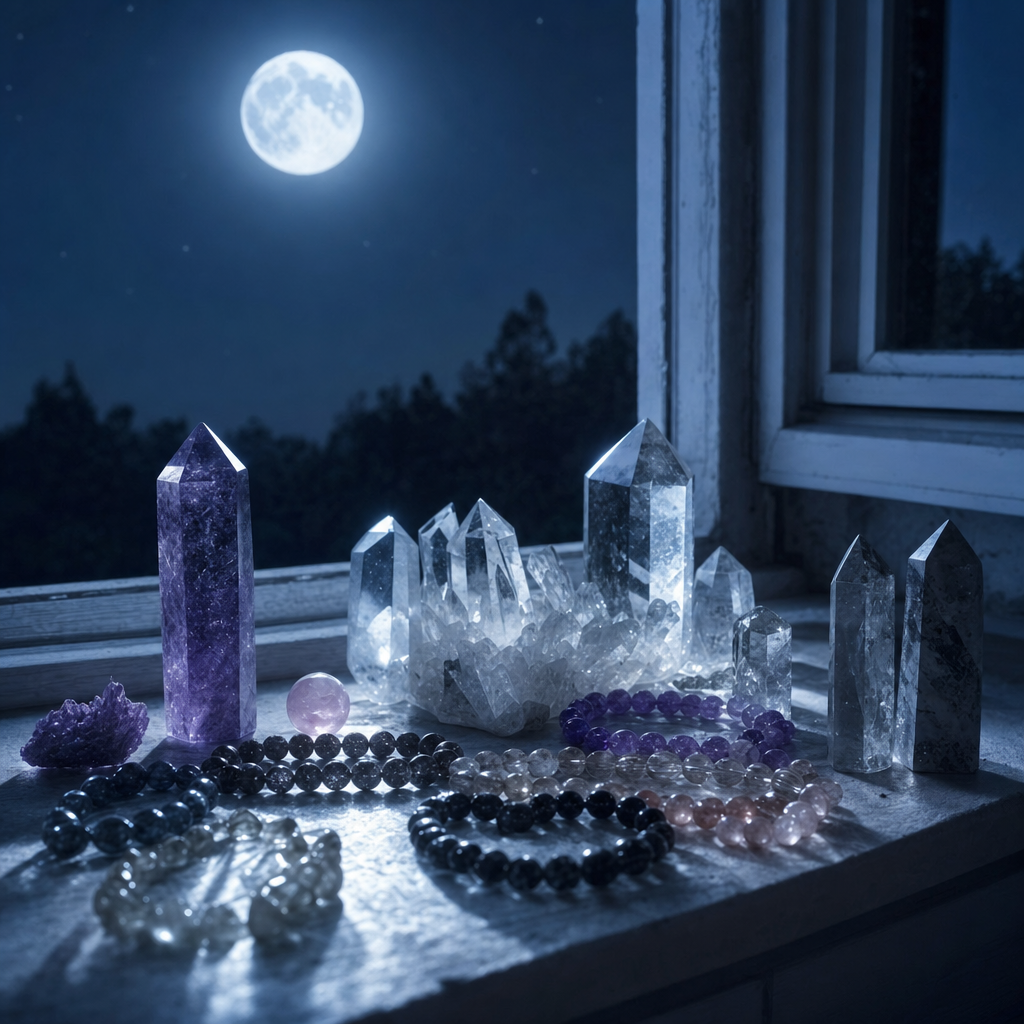 Cristaux et bracelets en pierres naturelles posés sur un rebord de fenêtre sous la pleine lune