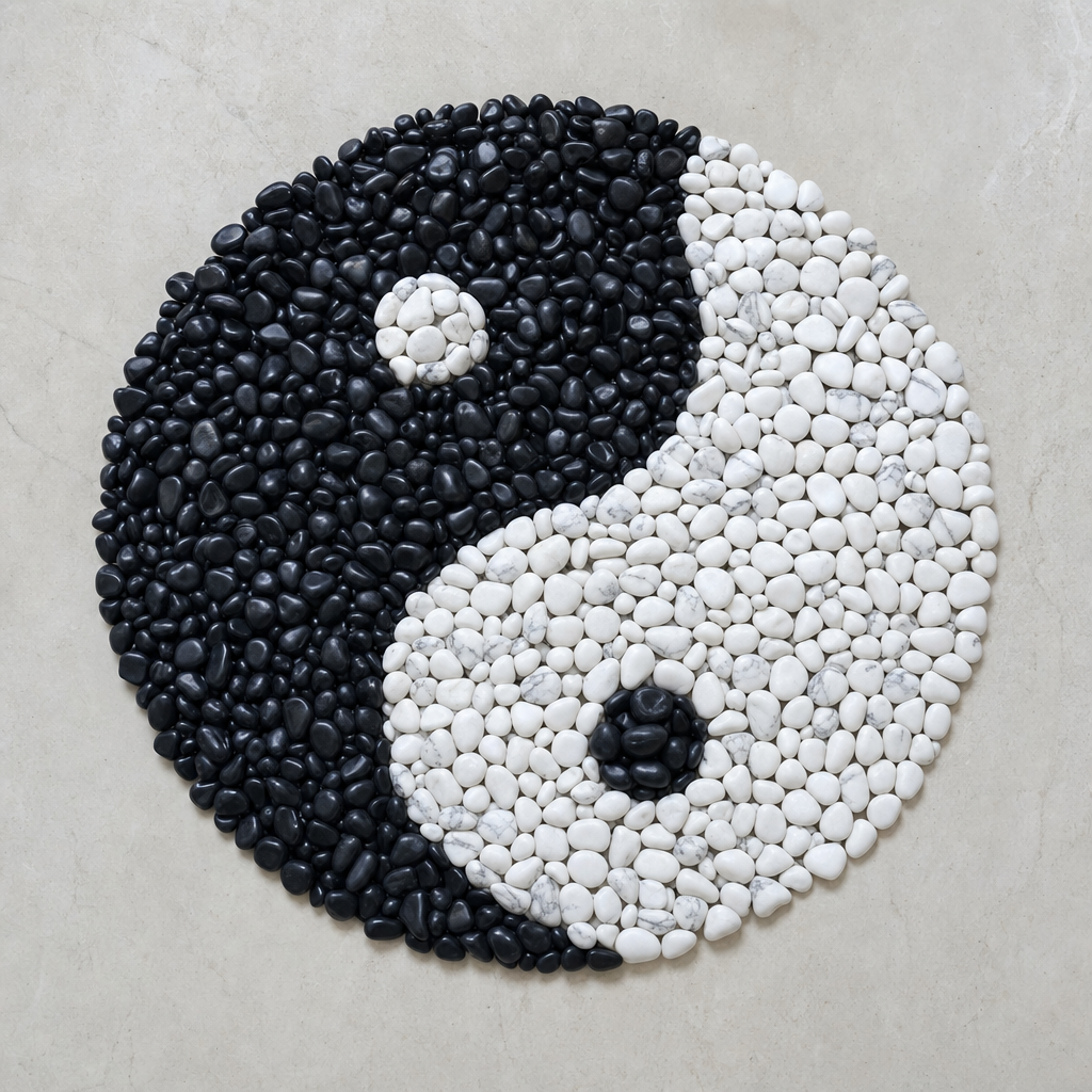 Symbole yin yang composé de galets d'obsidienne noire et de howlite blanche