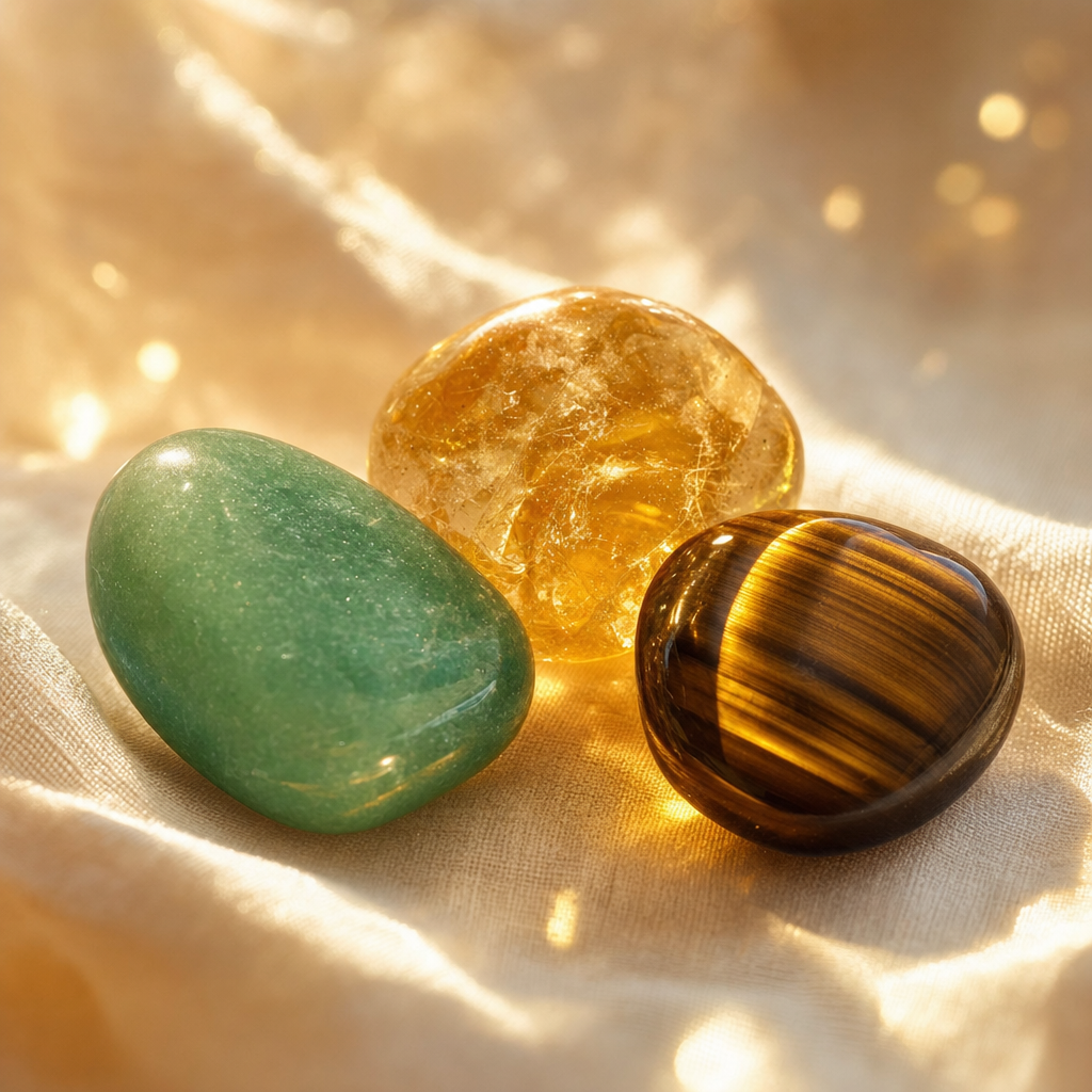 Aventurine verte, citrine dorée et œil de tigre, les pierres porte-bonheur, dans une lumière dorée