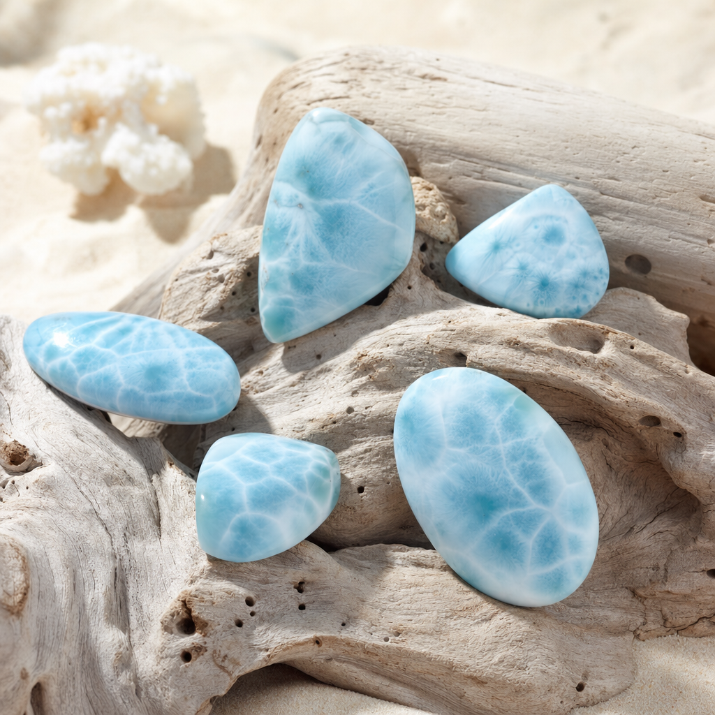 Pierres de larimar bleu marbré de blanc sur bois flotté et sable clair
