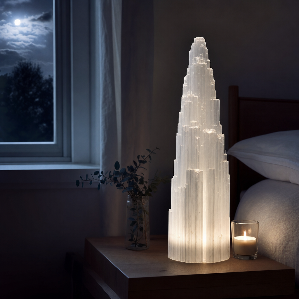 Tour de sélénite blanche lumineuse sur une table de chevet au clair de lune