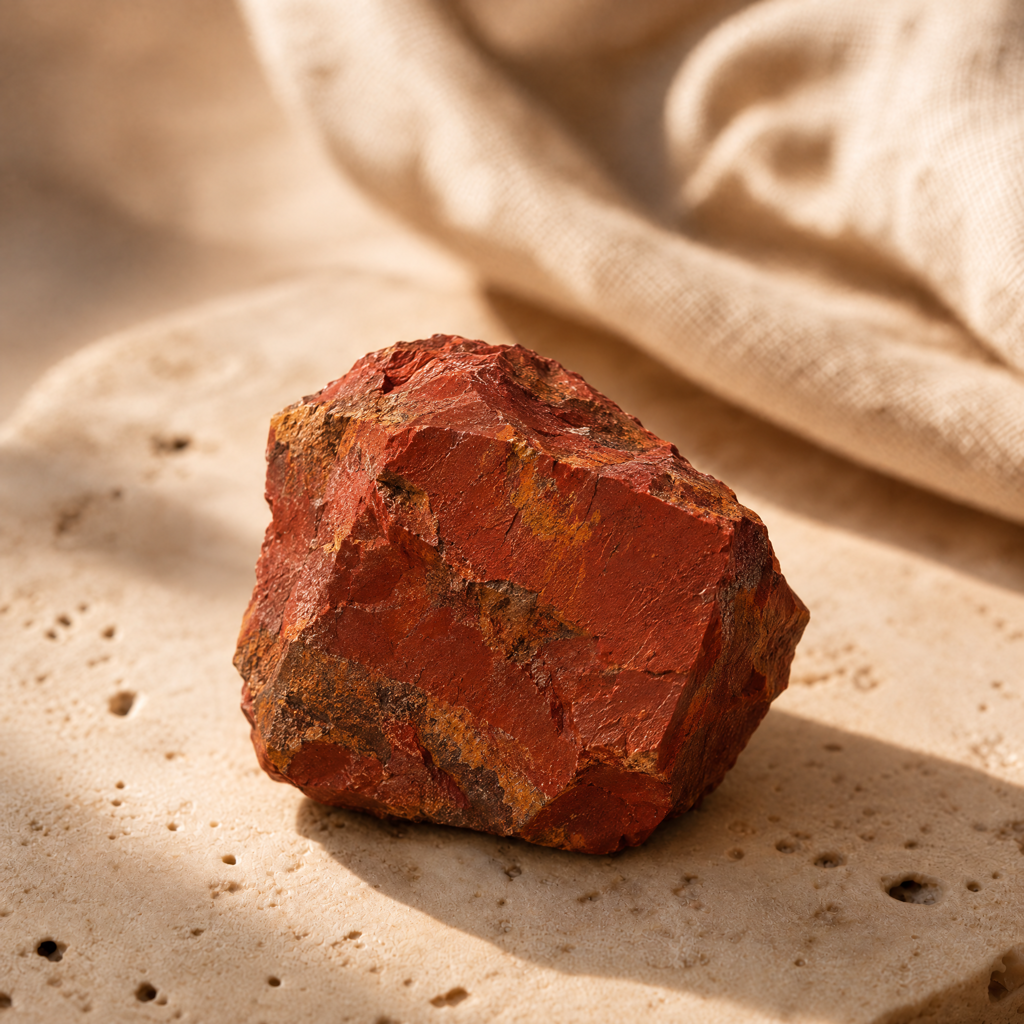 Jaspe rouge brut couleur brique, en gros plan sur travertin