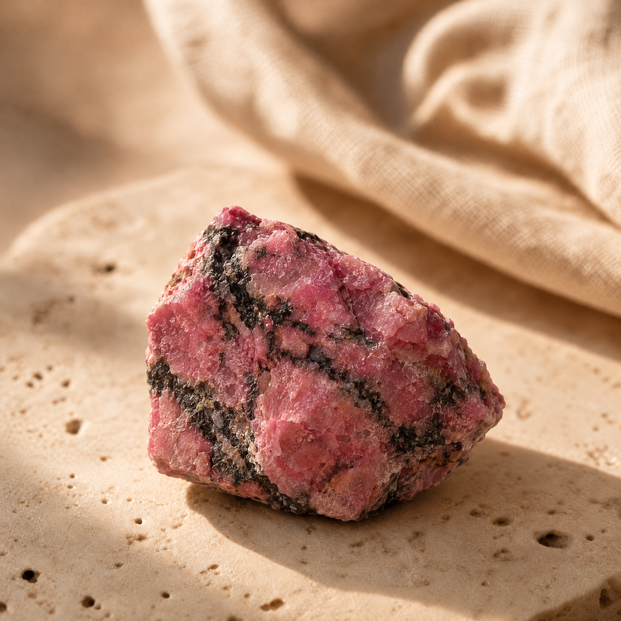 Rhodonite brute rose veinée de noir, en gros plan sur travertin