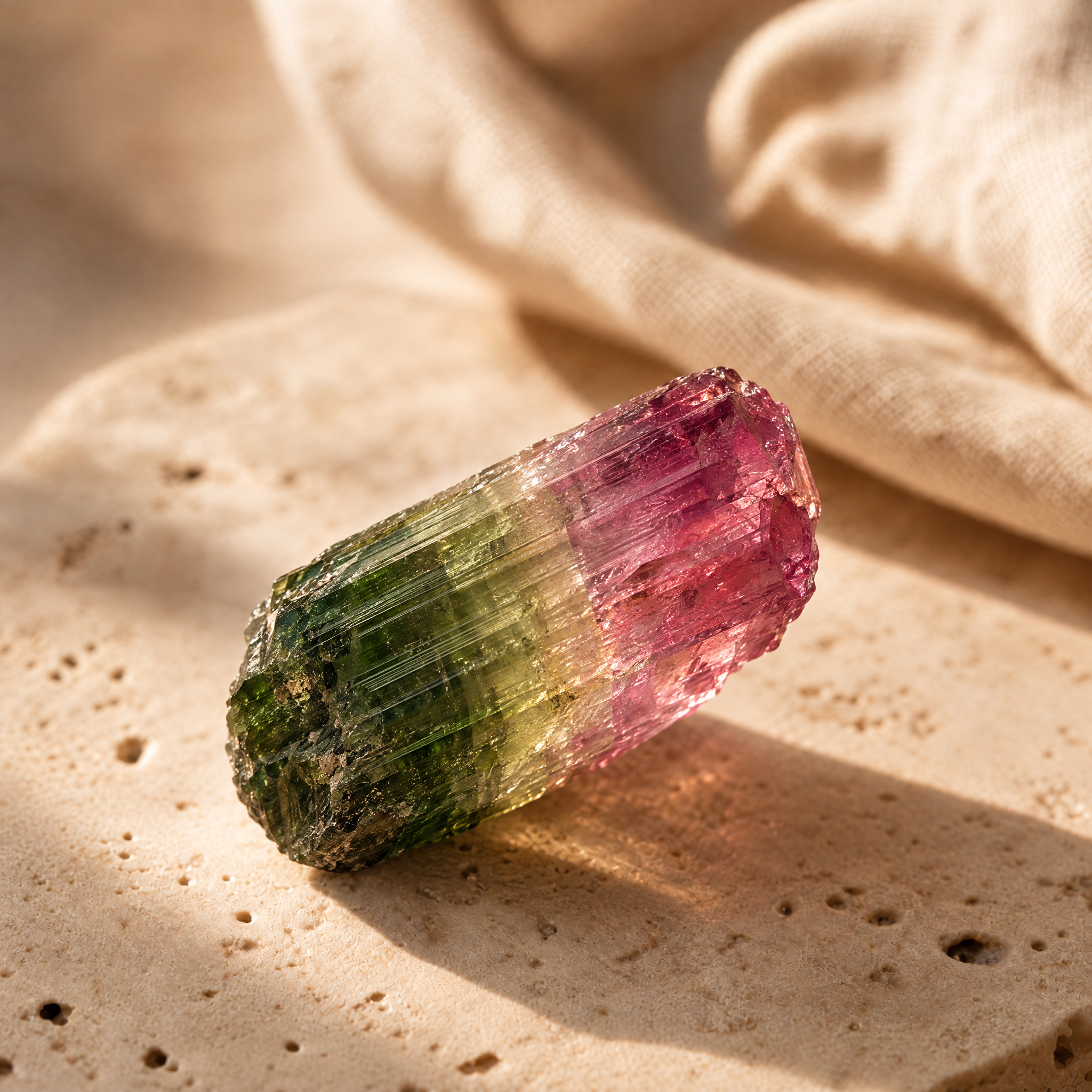 Cristal de tourmaline brut, du vert au rose, en gros plan sur travertin