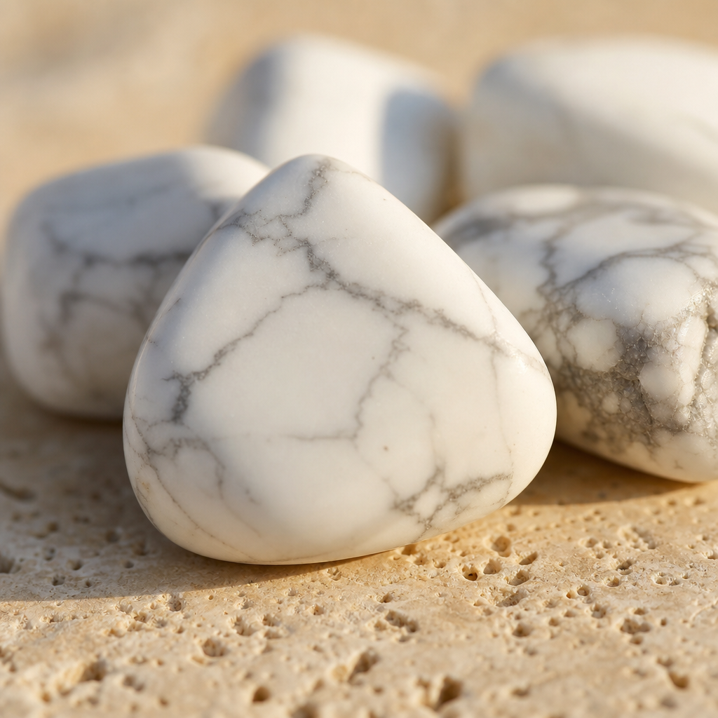Pierres roulées de howlite blanche veinée de gris en gros plan