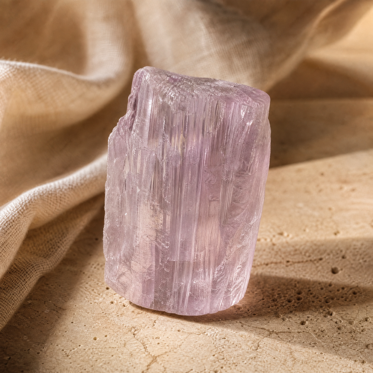 Cristal brut de kunzite rose lilas translucide, en gros plan sur travertin