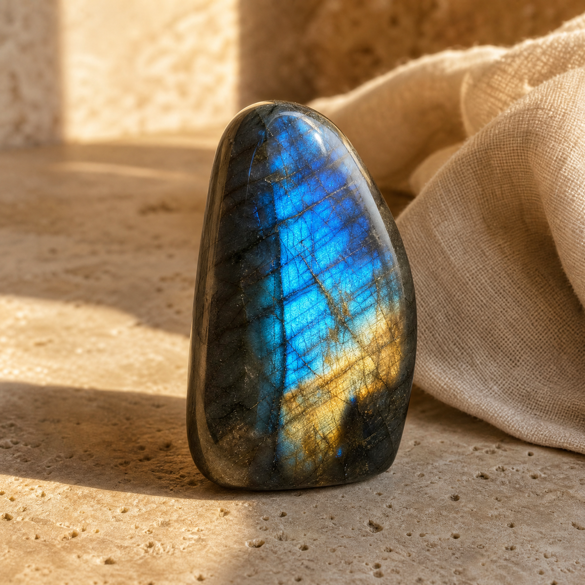 Labradorite polie aux reflets bleus et dorés, en gros plan sur travertin