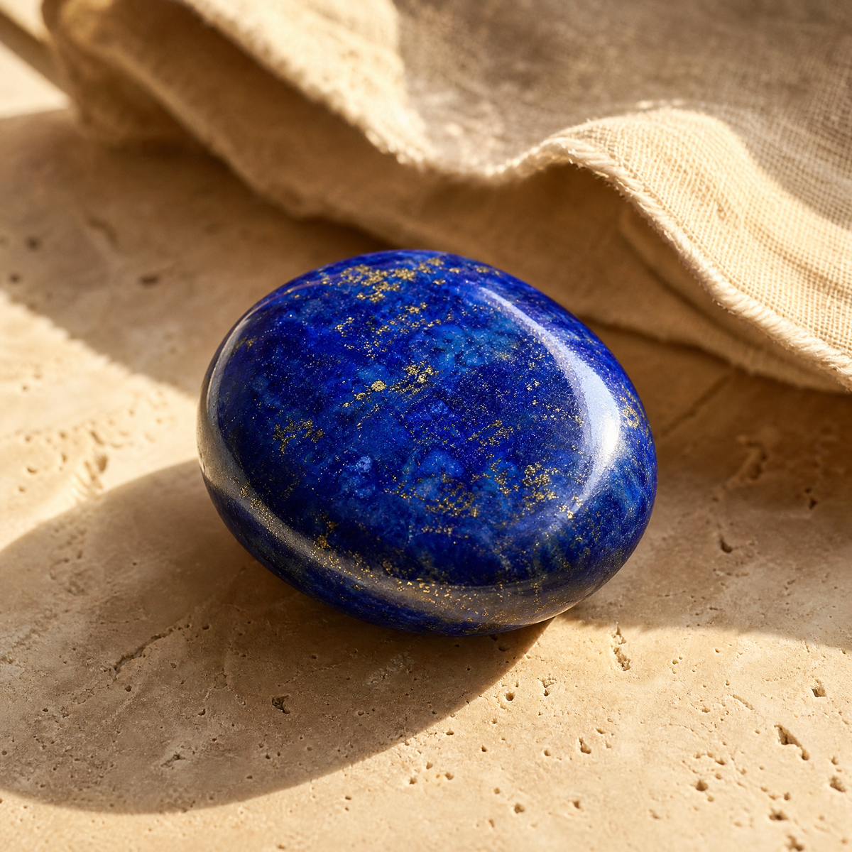 Lapis-lazuli bleu profond pailleté de pyrite dorée, en gros plan sur travertin