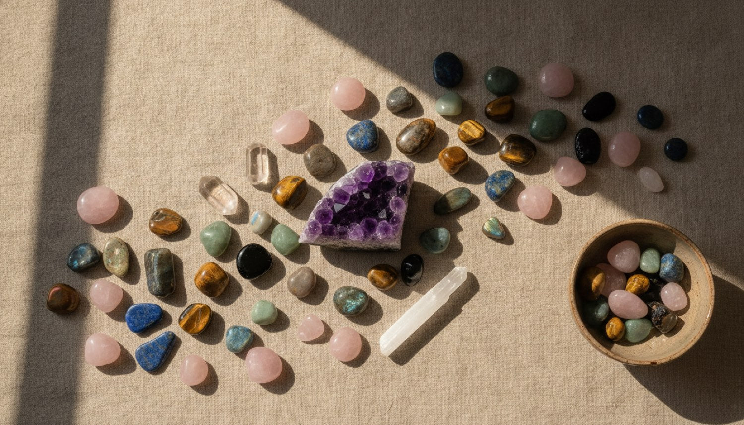 Collection de pierres naturelles de lithothérapie sur lin : améthyste, quartz rose, œil de tigre, labradorite, sélénite