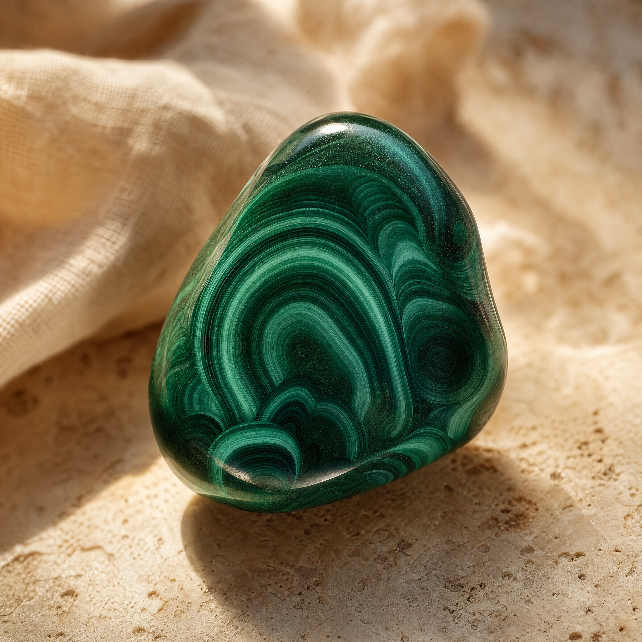 Malachite polie aux bandes vertes concentriques, en gros plan sur travertin