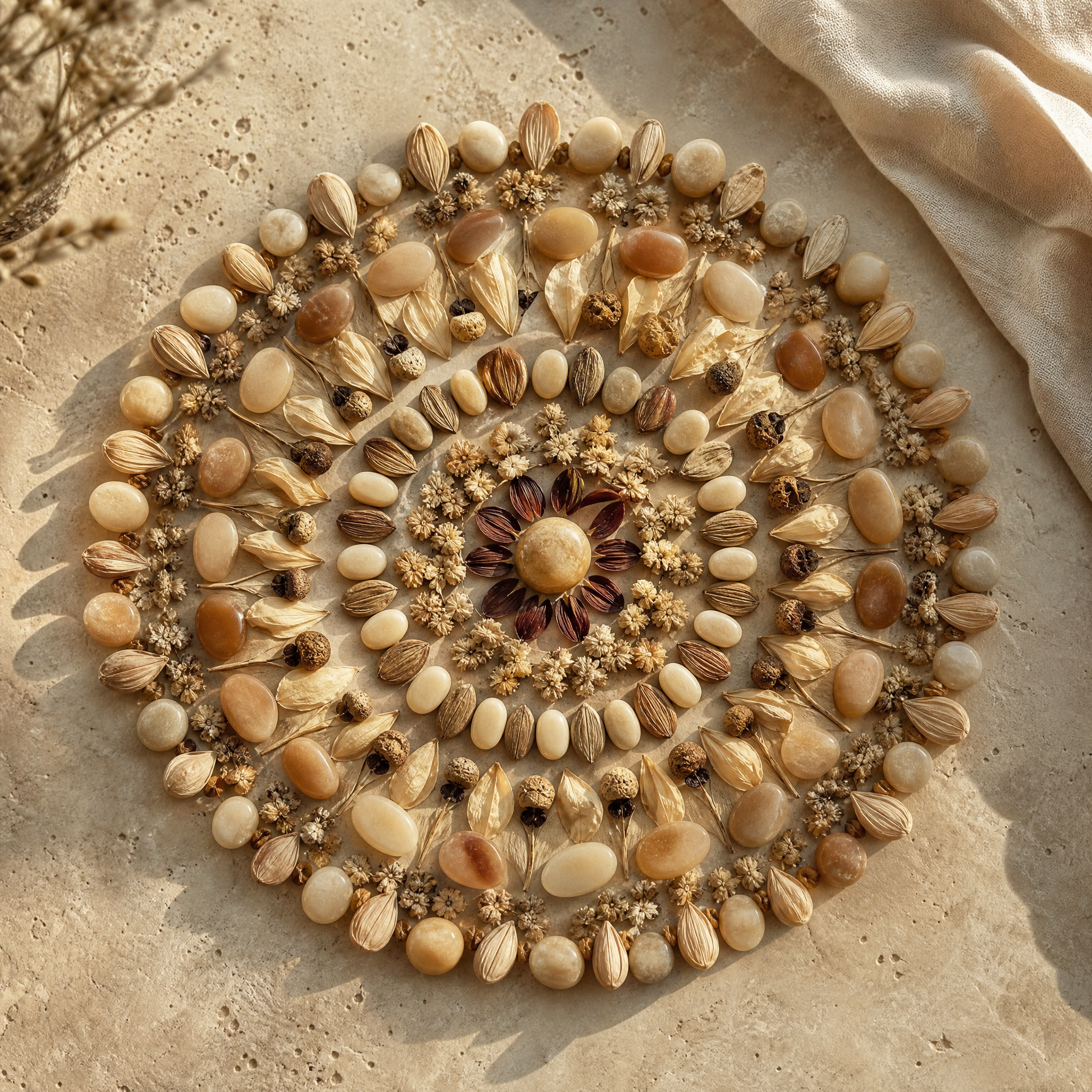 Mandala naturel composé de petites pierres, pétales et graines en cercles concentriques, sur travertin