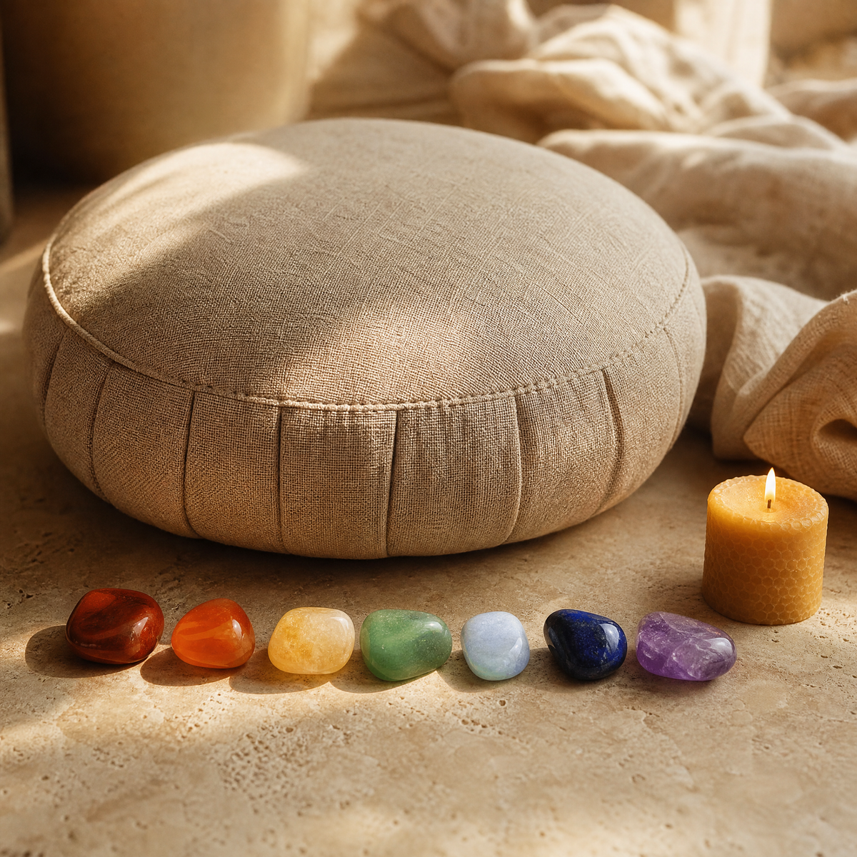 Coussin de méditation en lin, sept pierres des chakras alignées et bougie, sur travertin