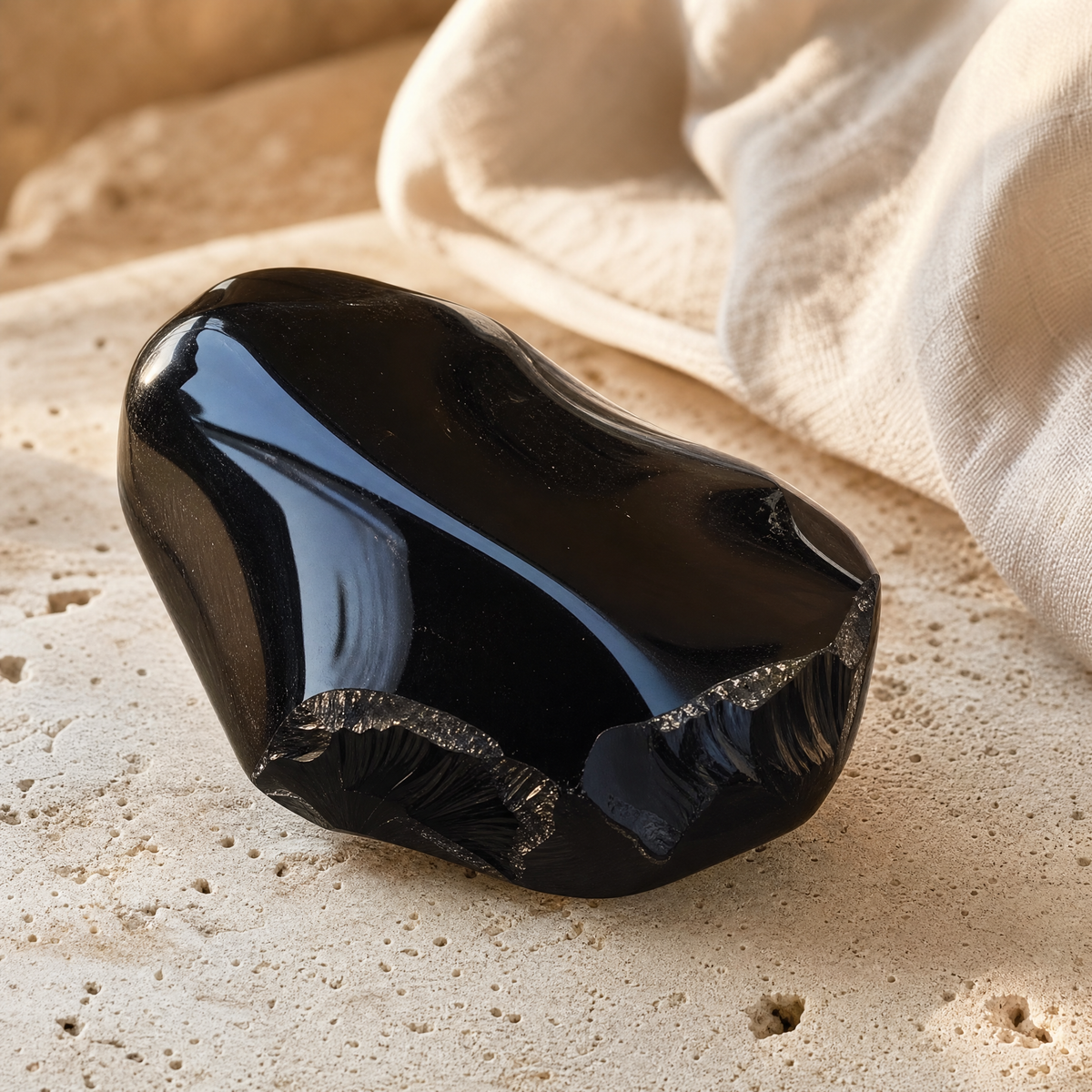 Obsidienne noire polie à la surface vitreuse, en gros plan sur travertin