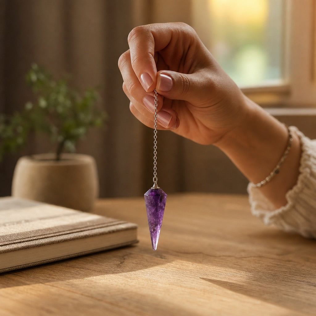 Main de femme tenant un pendule divinatoire en améthyste au-dessus d'une table en bois, lumière dorée