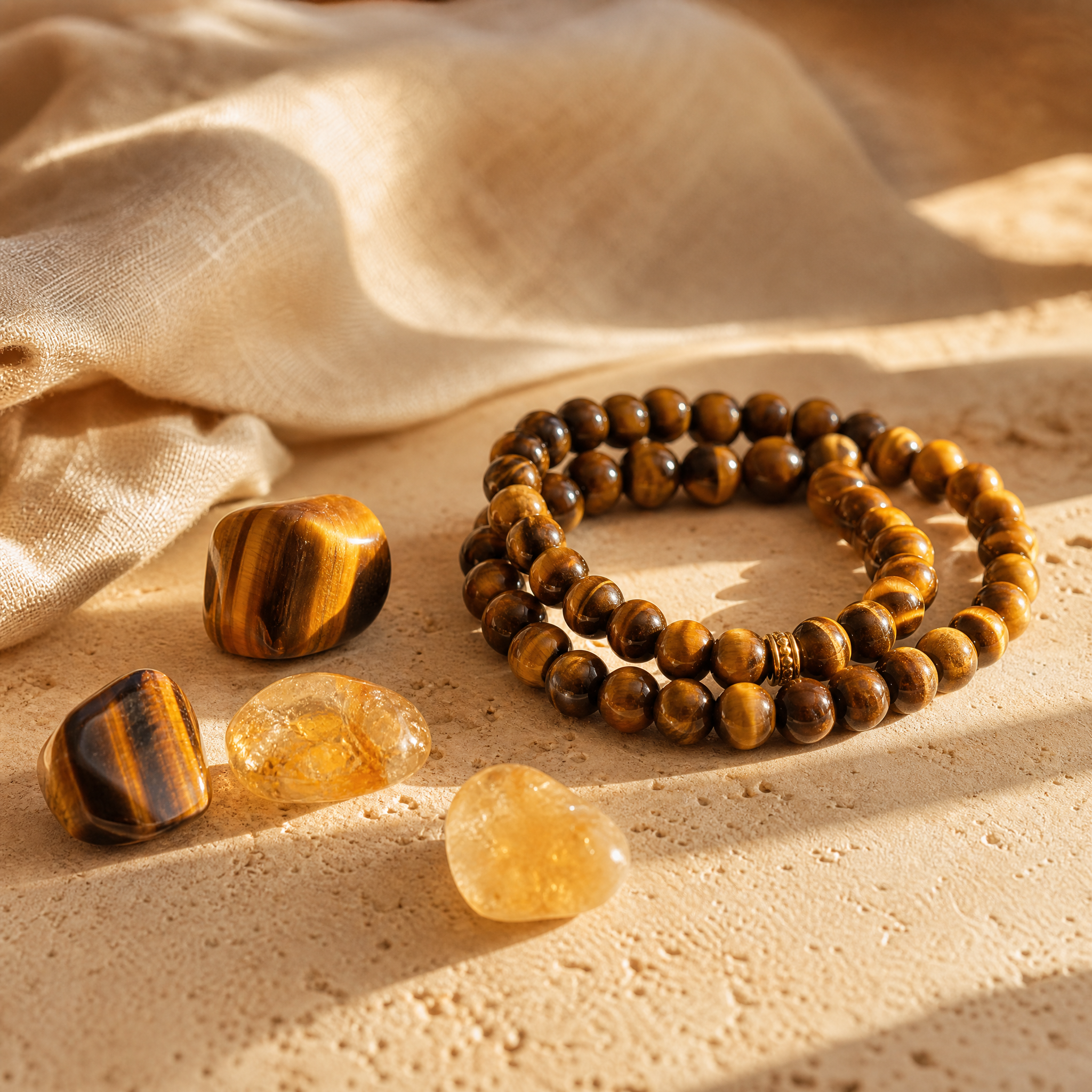 Bracelet et pierres d'œil de tigre avec citrine, pierres de confiance en soi, sur travertin