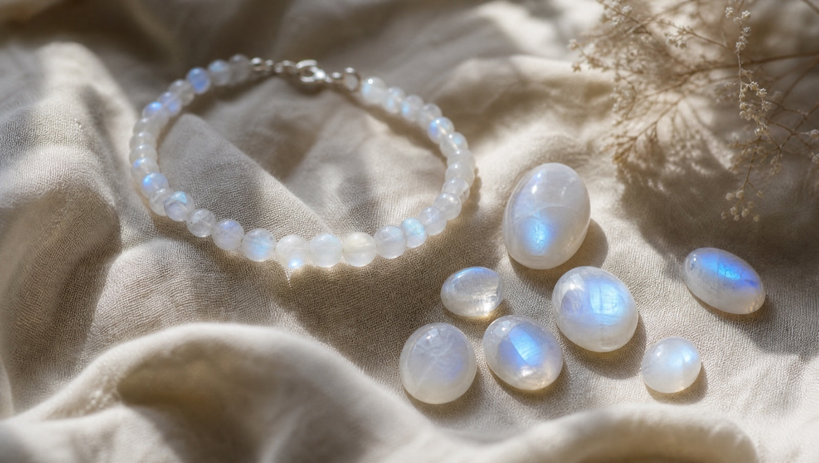 Bracelet et pierres de lune roulées aux reflets bleutés sur un lin crème