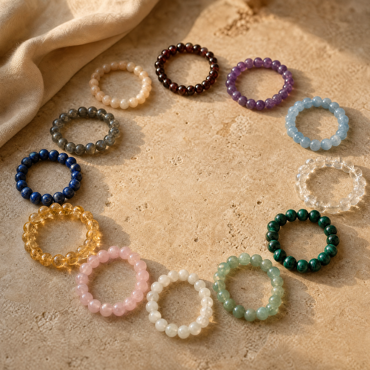 Douze bracelets en pierres de naissance disposés en cercle, un par mois, sur travertin