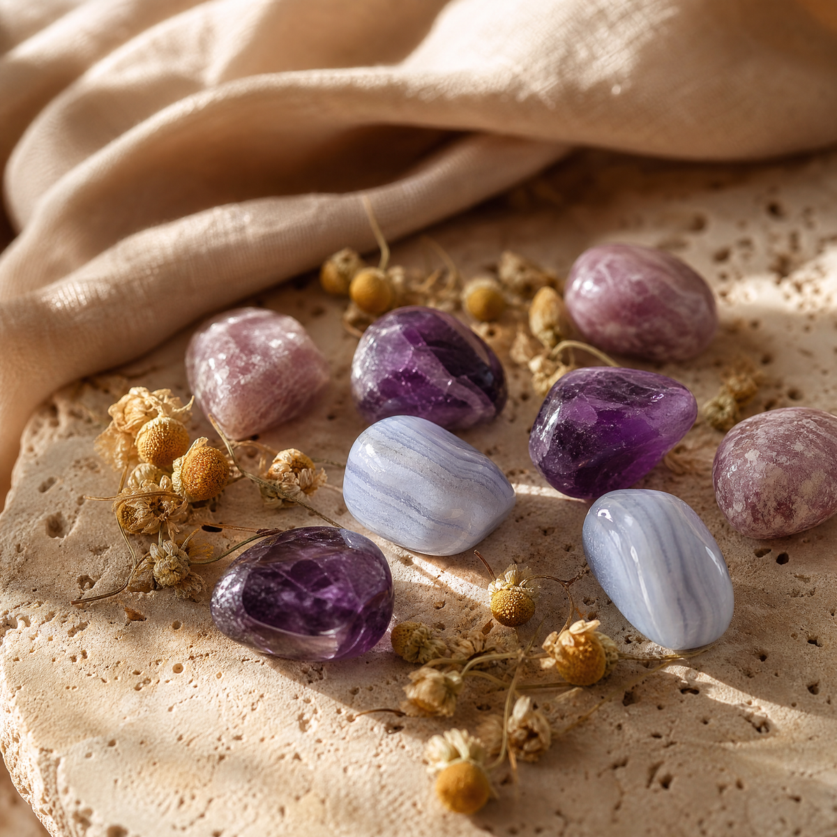 Améthyste, agate bleue et lépidolite avec fleurs de camomille, pierres apaisantes, sur travertin