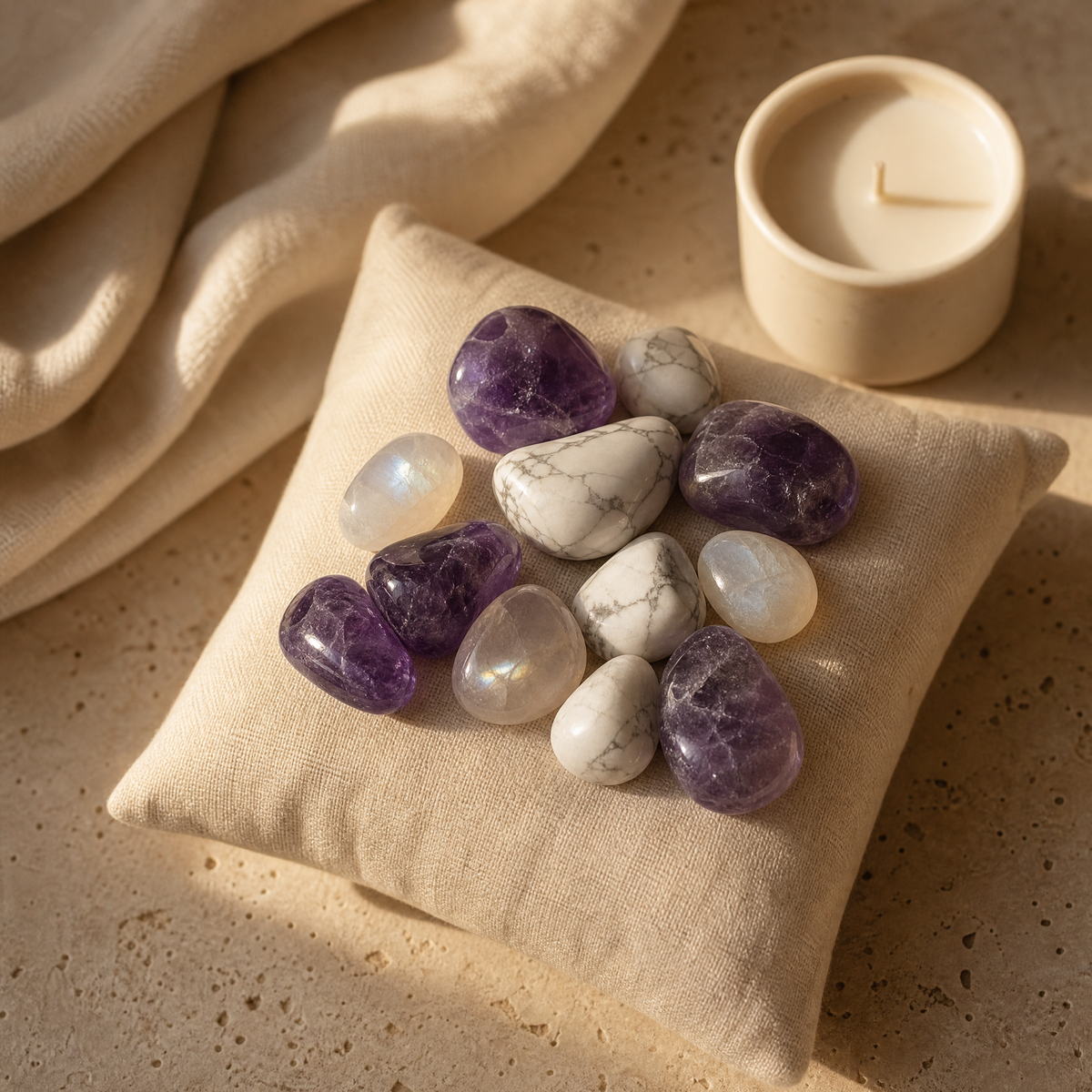 Améthyste, howlite et pierre de lune sur un oreiller en lin, ambiance du soir