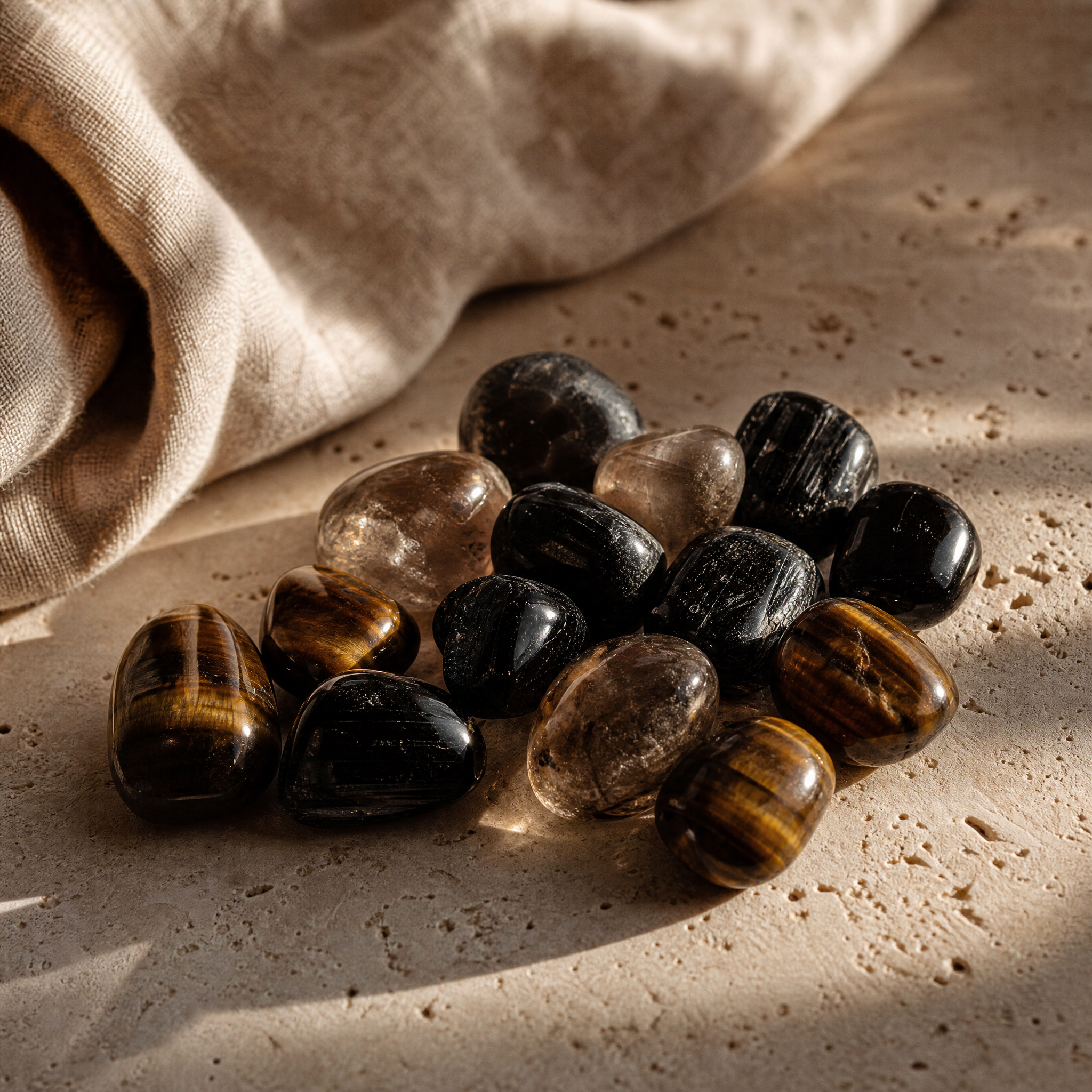 Tourmaline noire, obsidienne, quartz fumé et œil de tigre, pierres de protection, sur travertin