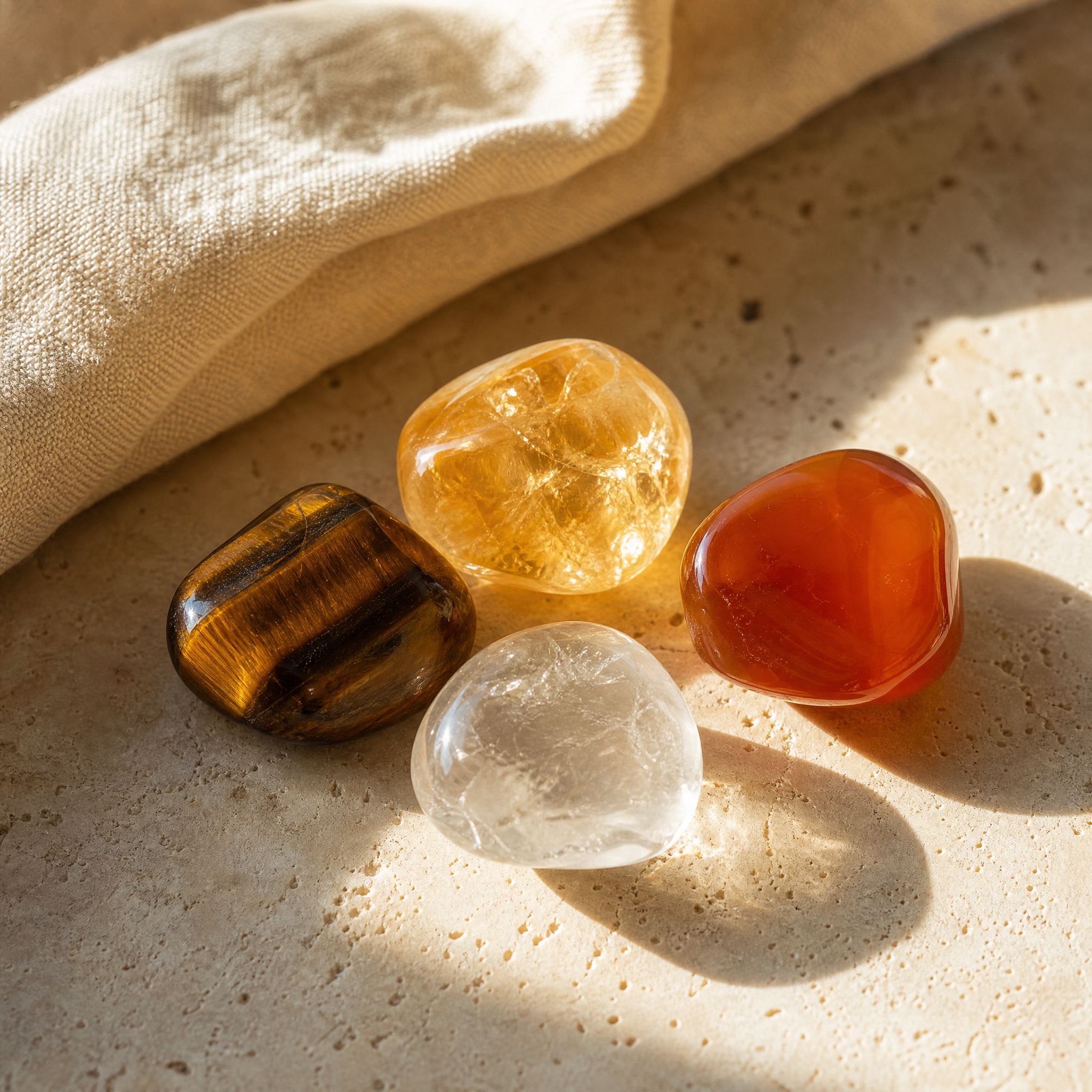 Citrine, cornaline, œil de tigre et cristal de roche en lumière du matin, pierres de motivation, sur travertin