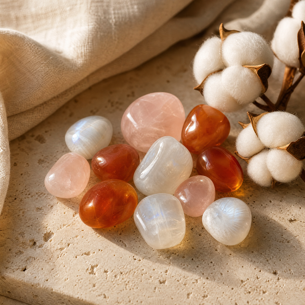 Pierre de lune, quartz rose et cornaline avec fleurs de coton, sur travertin