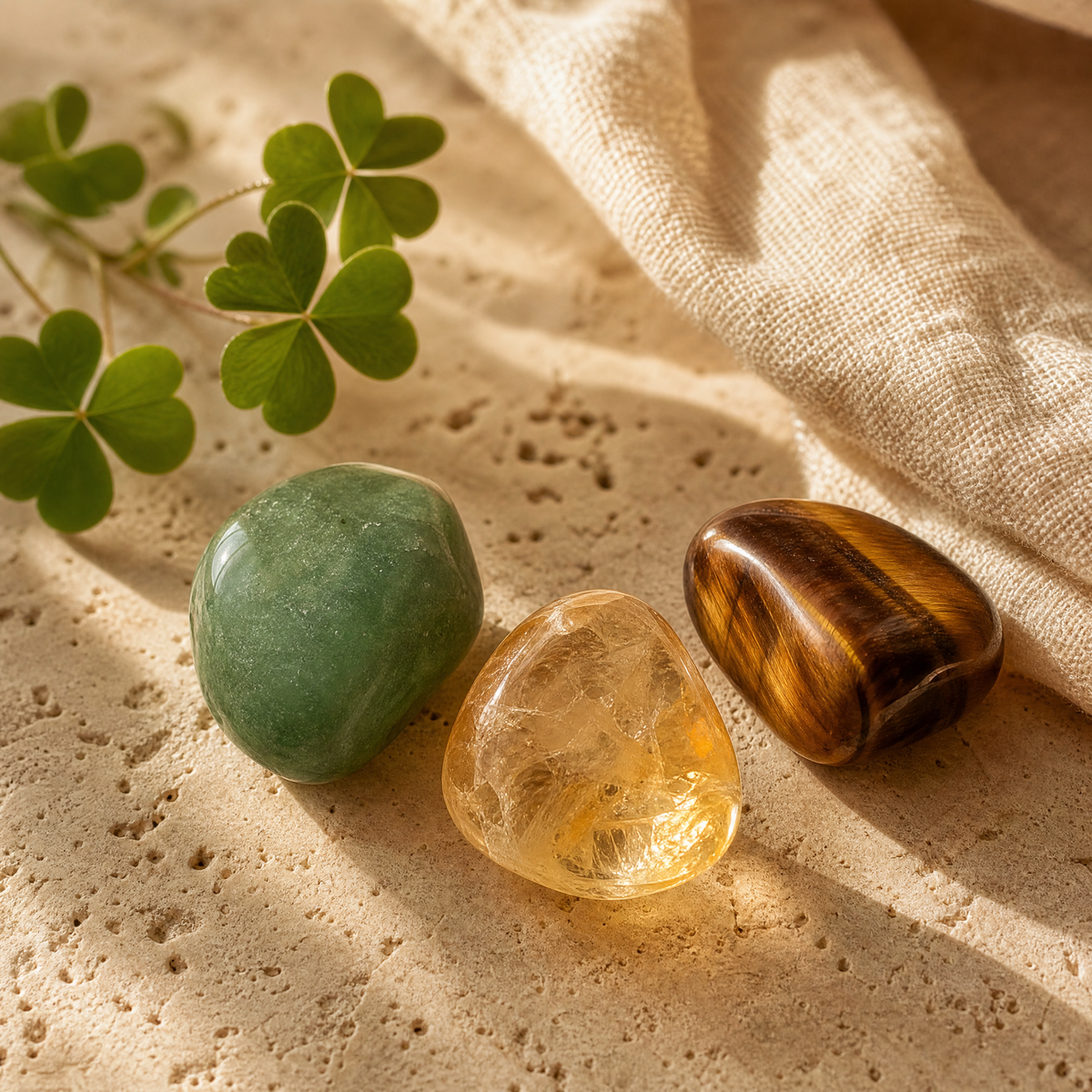 Aventurine verte, citrine et œil de tigre avec trèfle, pierres porte-bonheur, sur travertin