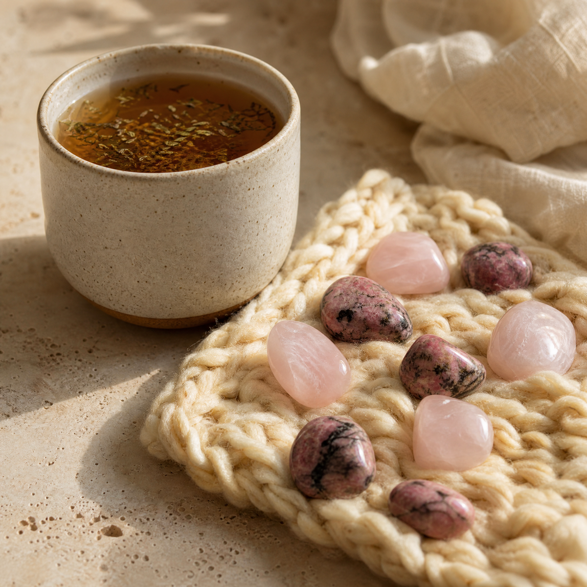 Quartz rose et rhodonite sur un plaid en laine avec tasse de tisane, pierres réconfortantes