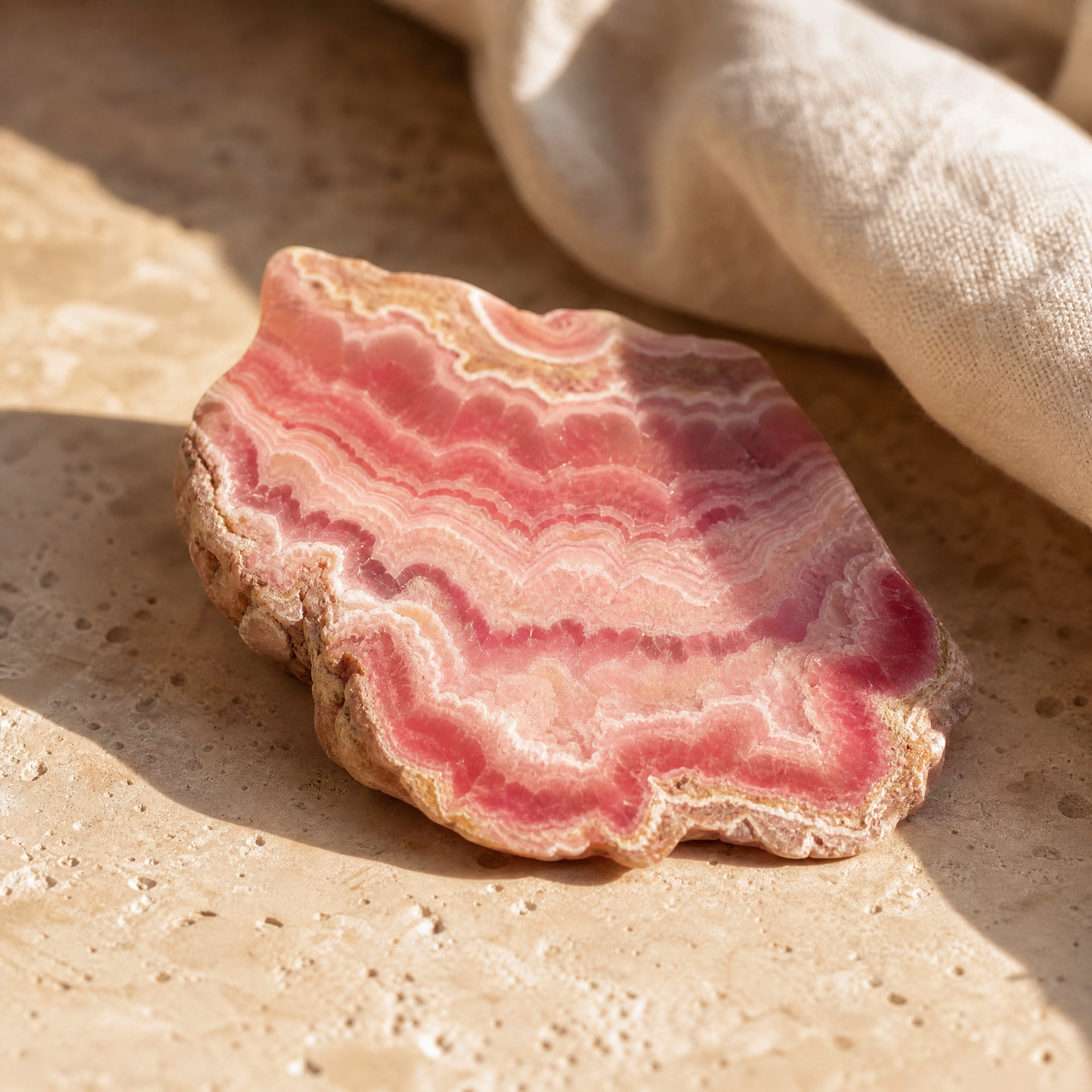 Rhodochrosite polie aux bandes roses et crème, en gros plan sur travertin