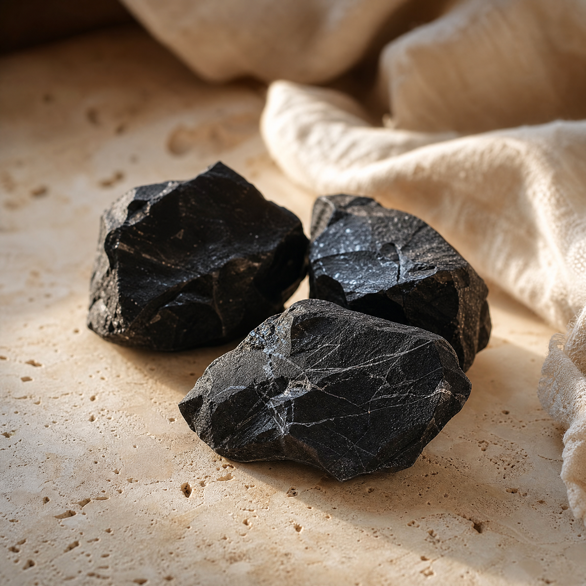 Pierres brutes de shungite noire mate, en gros plan sur travertin