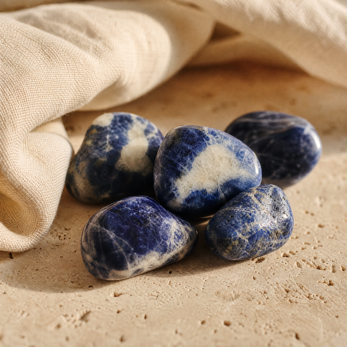 Pierres roulées de sodalite bleue veinée de blanc, en gros plan sur travertin