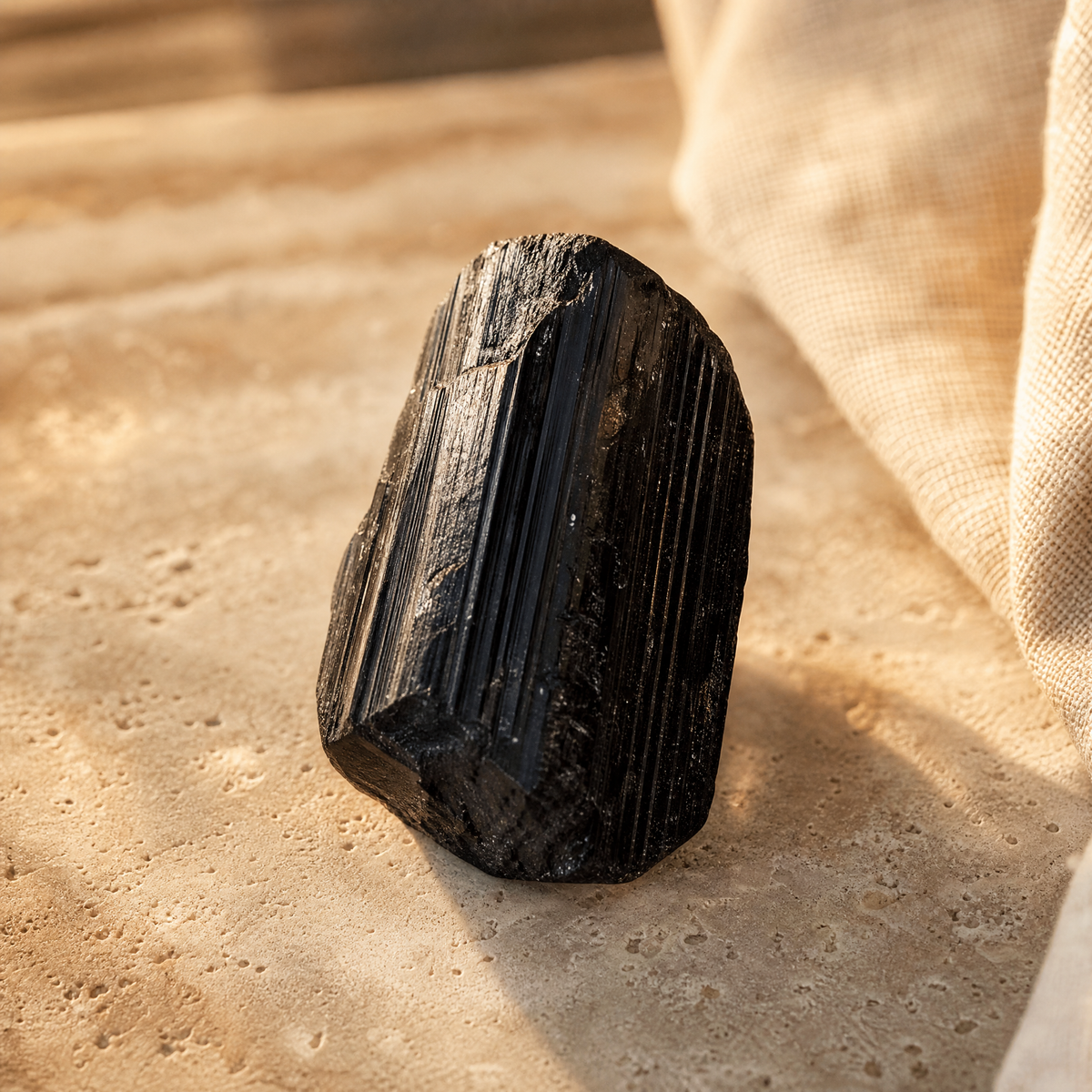 Cristal brut de tourmaline noire aux faces striées, en gros plan sur travertin
