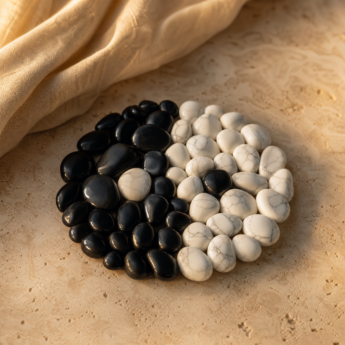 Galets d'obsidienne noire et de howlite blanche formant un cercle bicolore, sur travertin