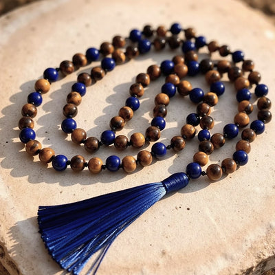 Collier Mala "Protection & Communication" en Lapis Lazuli & Oeil de Tigre - - L'Arbre des Chakras