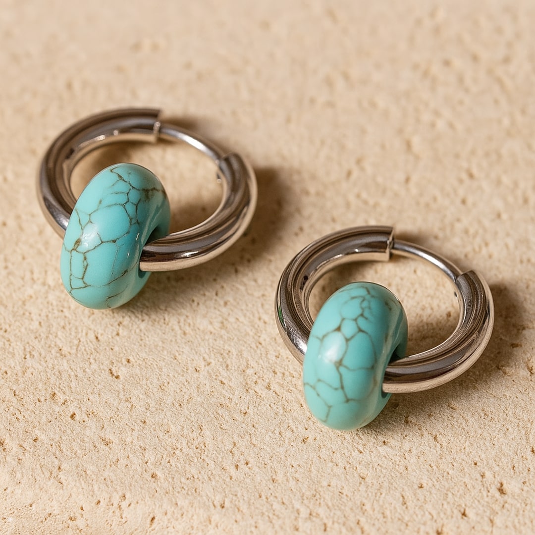 Boucles d'Oreilles "Double Créole" en Pierres Naturelles - Turquoise - L'Arbre des Chakras