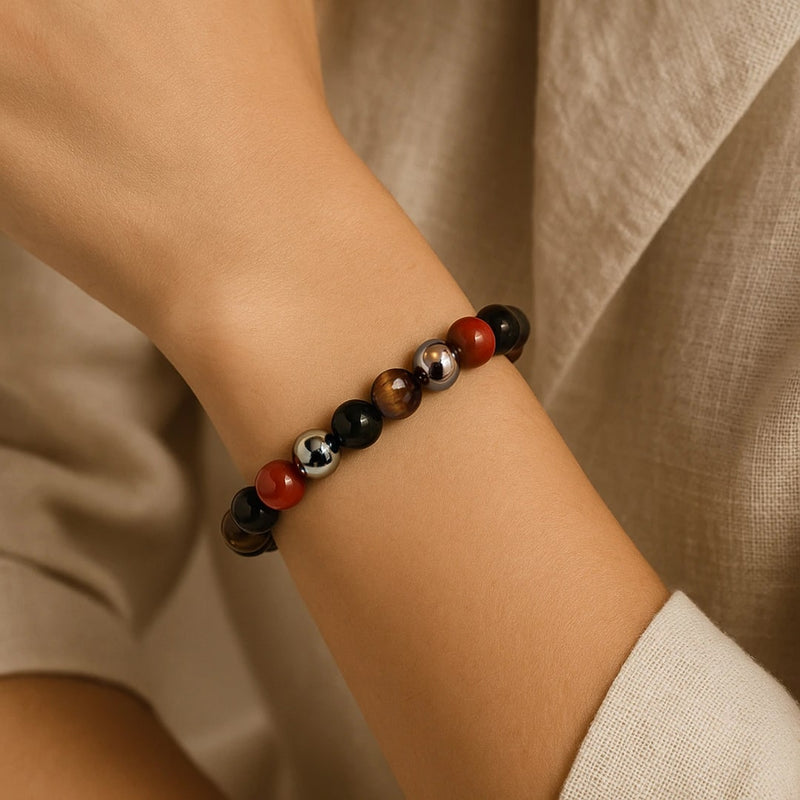 Bracelet "Ancrage & Protection" en Tourmaline, Jaspe Rouge, Hématite & Oeil de Tigre