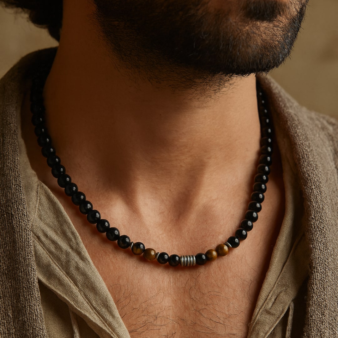 Collier "Bouclier de Sagesse" en Obsidienne Noire & Oeil de Tigre - - L'Arbre des Chakras