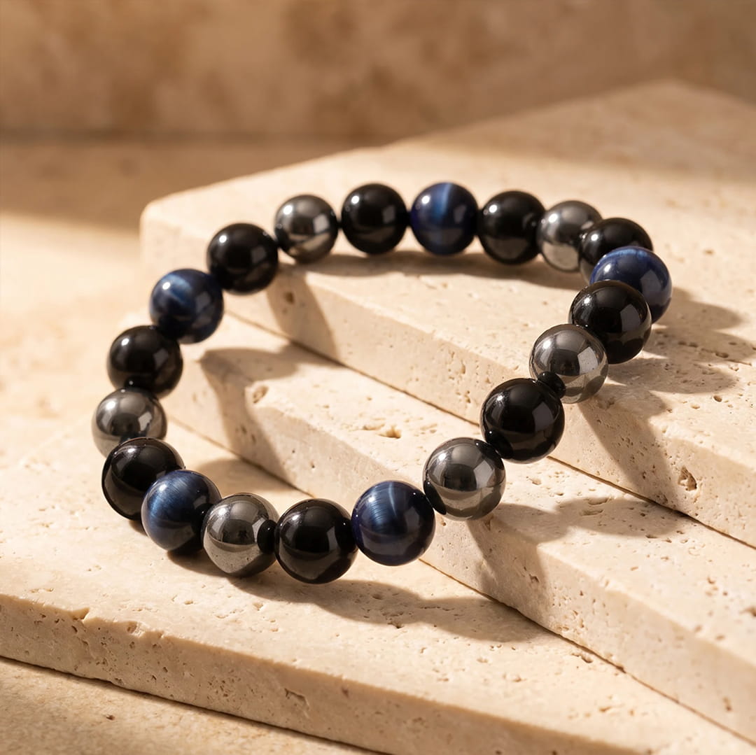 Bracelet "Cap Assuré" en Hématite, Tourmaline Noire & Oeil de Tigre Bleu - 17cm - L'Arbre des Chakras