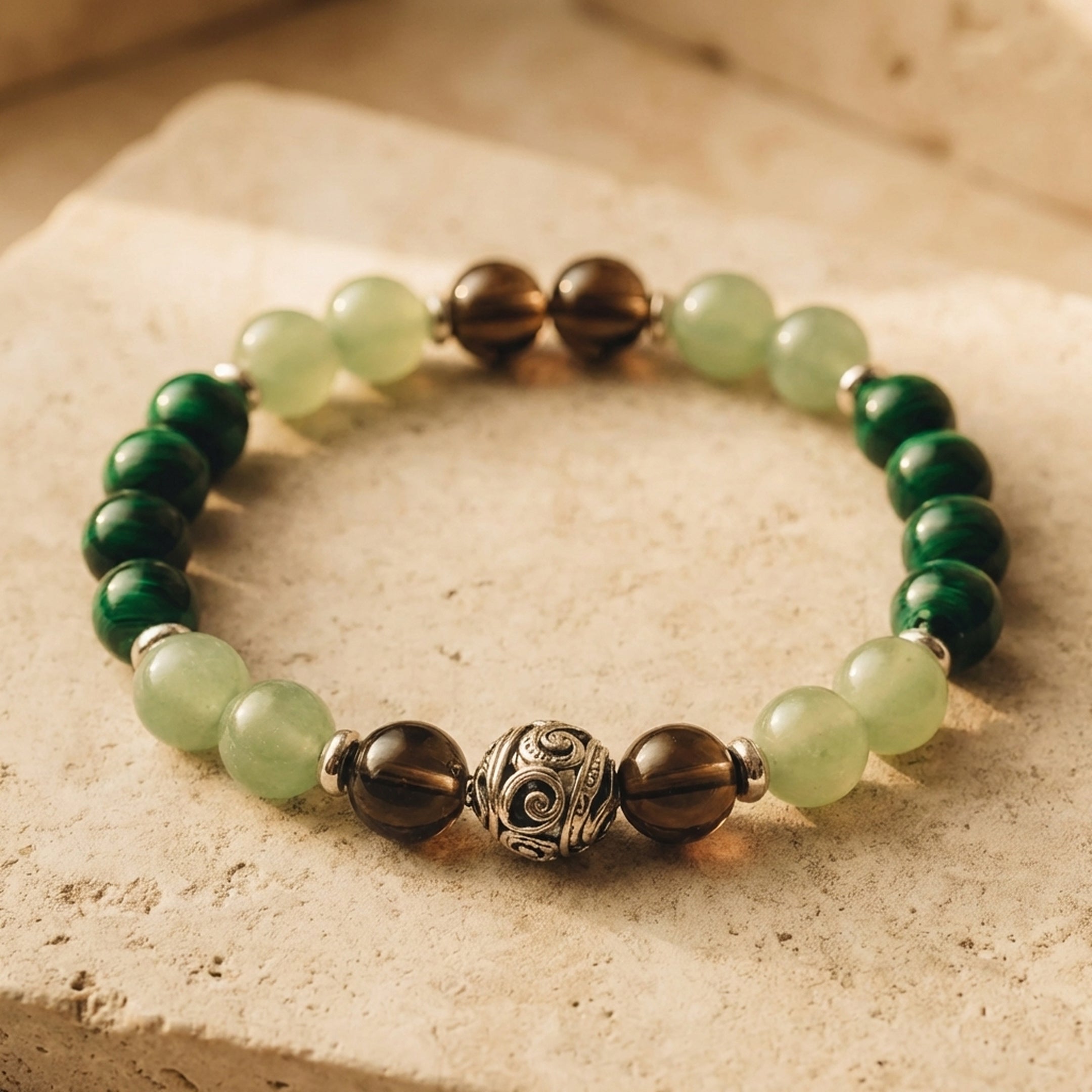 Bracelet "Chance & Protection" en Aventurine, Malachite & Quartz Fumé - - L'Arbre des Chakras