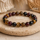 Bracelet "Réussite & Protection" en Oeil de Tigre, Grenat, Tourmaline & Quartz Fumé - - L'Arbre des Chakras
