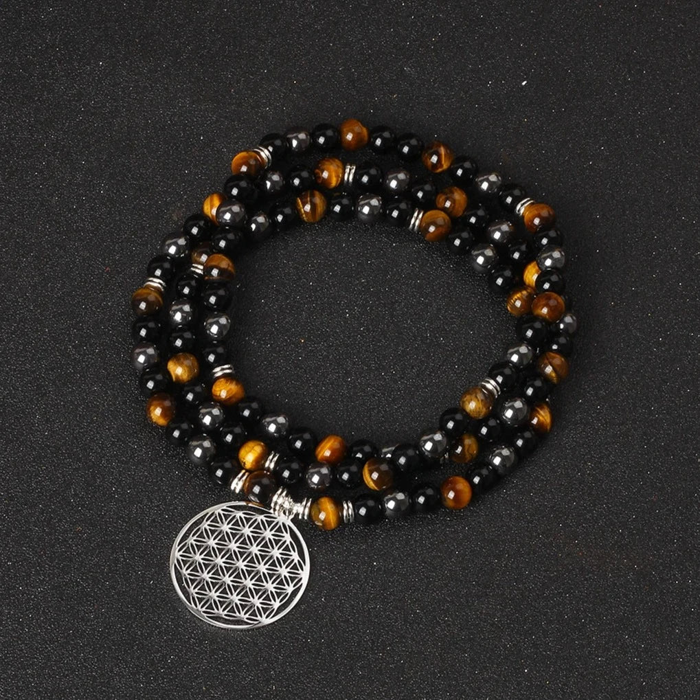 Bracelet Mala "Ancrage & Protection" en Oeil de Tigre, Obsidienne & Hématite -  - L'Arbre des Chakras