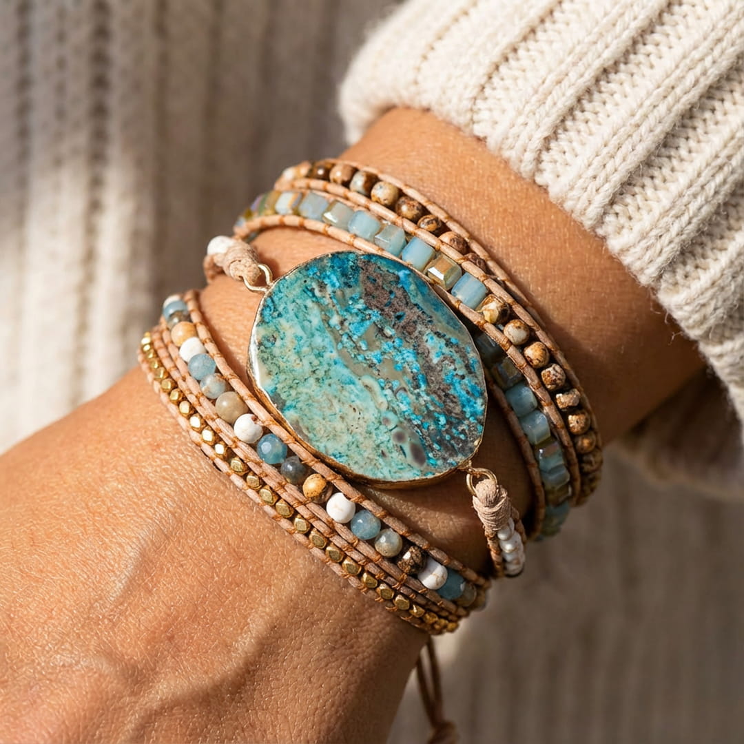 Bracelet Boho "Ouverture d'Esprit" en Jaspe Océan - - L'Arbre des Chakras